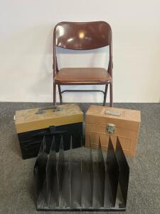 Accordion Expanding File Box, Brown Metal Tool Box, Black File Organizer, Folding Metal Chair Set