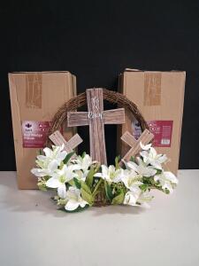 Spirit Bed Wedge Pillow 24x24x8 in, Memory Foam Top, Jacquard Cover, Set of 2, New in Box & Easter wreath