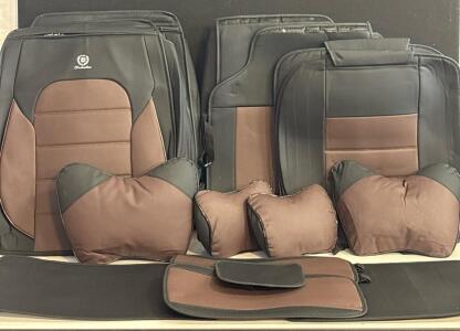 Luxurious Universal PU Leather Car Seat Cover Set, Black/Brown, 9 Pieces Incl. Pillows & Accessories