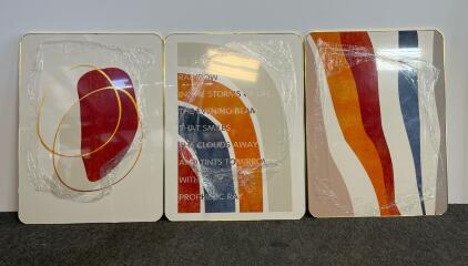 Set Of 3 Modern Abstract Framed Wall Art Panels, Gold Trim, Rainbow Theme, 24"x18" Each