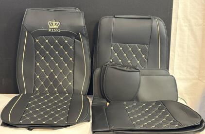 King Black PU Leather Universal Car Seat Covers Full Set Diamond Stitch With Headrest Covers