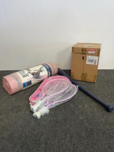 Sports Equipment Bundle: USA Bat, Fila Fit Mat, Lunnade Kids Tennis Set, OwlSky Punching Bag Stand