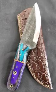 Custom 8.5" Fixed Blade Knife, Filework Blade, Dyed Wood Handle, Embossed Leather Sheath