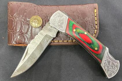 Damascus Steel Folding Pocket Knife, 3.75" Blade, Multicolor Wood Handle, Leather Sheath