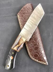 Handmade Damascus Steel 12" Fixed Blade Knife, Mosaic Pin, Embossed Leather Sheath, Full Tang