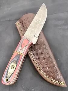 Custom Damascus Steel Fixed Blade Knife, Drop Point, Mosaic Pin, Laminated Wood Handle, Leather Sheath
