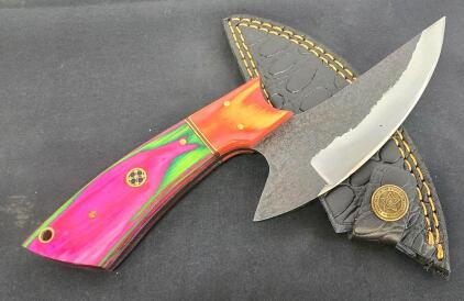 Custom Forged Skinner Knife, Dyed Wood Handle, 4" Blade, Leather Sheath, Full Tang