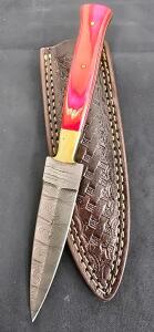 Custom Damascus Fixed Blade Knife, 4.5" Blade, Red Wood Handle, Brass Bolster, Leather Sheath