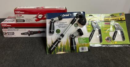 Mixed Tool Lot: Hyper Tough Cordless Pole Saw, Scissor Jack, Orbit Watering Set, Bionic Wrenches