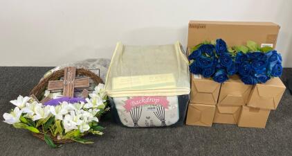Atongham 6 Black Backdrop Panels, 6 Blue Rose Bouquets, Easter Wreath
