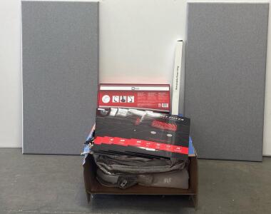 (2) Sound Proof Acoustic Panels, (5) Privacy Filters For Notebooks And LCD Monitors, (1) Barmika Desk Lamp, (1) Retractable Power Strip And (1) ElaBest Black Gaming Chair