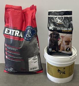 Annamaet Extra 40lb Dog Food, Nupro 20lb Supplement, BV Pets 40-Pack Training Pads, Large