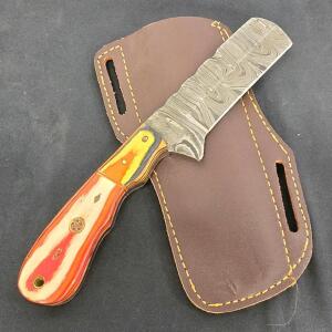 Custom Damascus Steel Fixed Blade Cleaver Knife With Multicolored Laminated Wood Handle And Leather Sheath