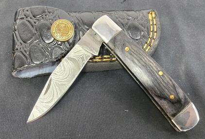 Damascus Steel Folding Pocket Knife, Wood Handle, Custom Black Leather Sheath, Oklahoma Seal