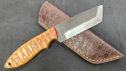 Custom 9" Fixed Blade Knife, Layered Micarta Handle, Mosaic Pin, Embossed Leather Sheath, Tanto-Cleaver