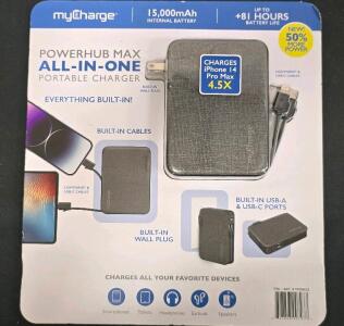 myCharge PowerHub Max 15,000mAh All-In-One Portable Charger, Built-in Cables & Wall Plug
