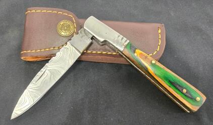 Damascus Steel Folding Pocket Knife, Multicolor Wood Handle, Leather Sheath, 3.5" Blade