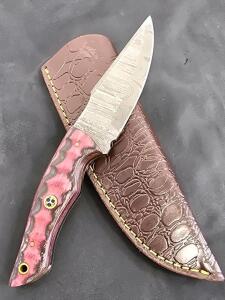 Damascus Fixed Blade Hunting Knife, Drop Point, Dyed Pakka Wood Handle, Leather Sheath, Mosaic Pin