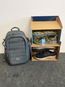 Speedo Hydro Comfort 2.0 Water Shoe 10, Skechers Sneaker 10.5, Lowepro BP 150 Backpack