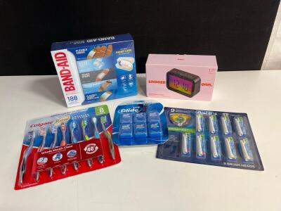 On point Clock Radio, bandaide First Aid Kit, Oral-B & Colgate Oral Care Lot, New Sealed