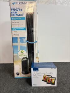 Bionaire 40" & 12" Tower Fan Combo, 3/2 Speeds, Remote, Insignia 10" Dual Screen DVD Player