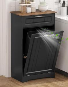 Tilt-Out Trash Cabinet FOC03001-bl, Black With Wood Veneer Top, 18.5 x 15.4 x 35.4 In