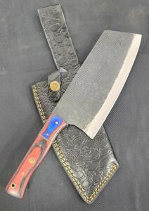 Custom Cleaver/Butcher Knife With Laminated Wood Handle And Sheath