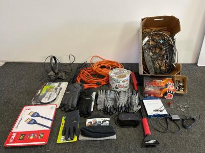 Digital Clock, misc wiring, HDMI cables, variety gloves, vehicle snow brush, DELL computer cable type C, mini hottie hand warmers, 2 25&rsquo; extension cords, tv Antenna