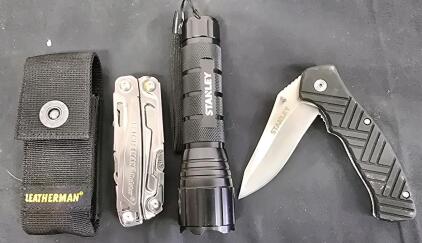 Leatherman Bolster Multi-tool w/ Sheath, Stanley LED Flashlight, Stanley Folding Knife Bundle