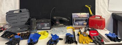 Large Mixed Tool Lot: Stanley Crowbar, Schumacher Charger, Craftsman Sander, Kobalt Hardware Kits