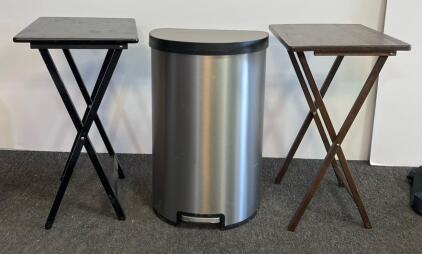 kholer 13-Gallon Stainless Steel Semi-Round Step Trash Can with Soft-Close Lid, two TV dinner tables