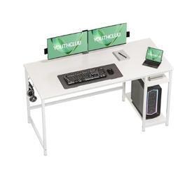 55" Computer Desk, White, Shelves & Headphone Hook, Sturdy Metal Frame, Modern Workstation