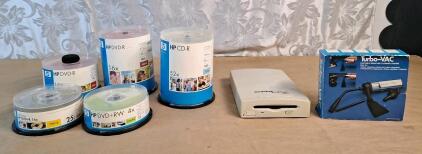 Lot Of Assorted Blank HP DVD-R, DVD-RW & CD-R Disks, (1) Imitation 120Mb External SuperDisk Drive & (1) Mini Vac & Assorted Electronic Hardware