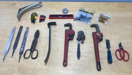Assorted Hand Tools & Hardware Lot&mdash;RIDGID Pipe Wrenches, Files, Chisel, Brackets, Stanley Hardware