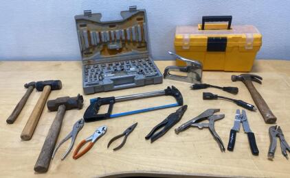 Mixed Lot Hand Tools &ndash; Hammers, Pliers, Socket Set, Toolbox, Hacksaw, Garrett Wade Wire Stripper