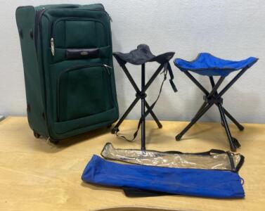 Rolling Suitcase (26") with Two Folding Camping Tripod Stools, Carry Bag, Green/Blue/Black, 2-Wheel