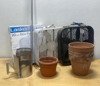 Gotta Be A Fan of This Lot- Lasko 20" Box Fan, Charcoal Chimney Starter, 4 Terracotta Pots, Additional 20" Box Fan