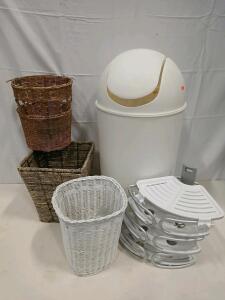 Large White Swing-Top Trash Can, 3 Wicker Baskets, 5 Corner Shower Caddies, Home Storage Lot