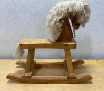 Natural Wood Rocking Horse with Wool Mane & Tail, 30"x13"x21", Handcrafted Children's Toy