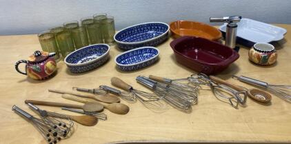 Assorted Kitchenware Lot: Bakeware, 10 Glass Tumblers, Utensils, Torch, Ceramic Teapot, 24 Pieces