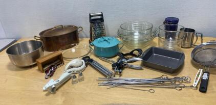 Large Copper Dutch Oven, Glass & Stainless Mixing Bowls, Utensils, Cookware - 23 Pc Lot