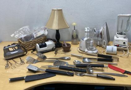 Mixed Lot: Osterizer Blender, Rowenta Iron, Chef's Choice Sharpener, Utensils & Cuisinart Chopper ( All Power On )