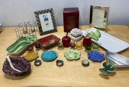 Large Assorted Decorative Ceramic & Glassware Lot &ndash; Botanical Dishes, Trinket Box, Candle Holders