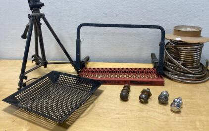Mixed Lot: Kalimar Tripod, 4 Trailer Hitch Balls, Matco Tire Tool, Chrome Trim, Metal Basket