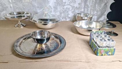 (1) Vintage Baroque Silver Plate 5" Serving Bowl W/ Attached Underplate, (1) Vintage Silver Plate 9" Cake Stand, (1) Vintage Silver Plate 12" Serving Bowl W/ Lid & More