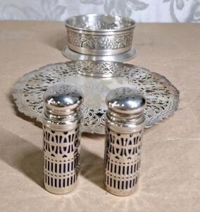 (1l Set Of GODINGER - Silver Filigre Cobalt Blue Salt & Pepper Shakers, (1) 7" Silver Plate Trivot & (1) Decorative Metal Cup