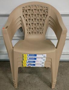 Adams Penza Stack Outdoor Plastic Chairs, Latte, Set of 4, Stackable with Armrests & Phone Holder