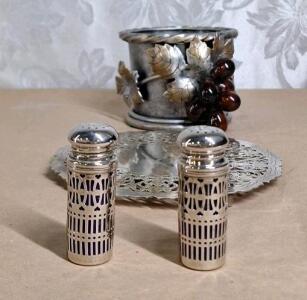 (1l Set Of GODINGER - Silver Filigre Cobalt Blue Salt & Pepper Shakers, (1) 7" Silver Plate Trivot & (1) Decorative Metal Cup