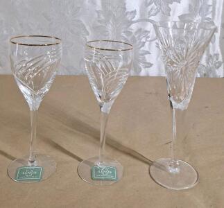 (2) Lenox Crystal Kelly Wine Glasses W/ Gold Rim & (1) Waterford Millennium Collection Champagne Flute