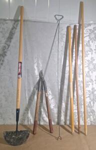 (1) Half Moon Edging Shovel, (1ĺ Pair Of Limb Loppers, (1) Underground Faucet Tool & (3) Wooden Tool Handles